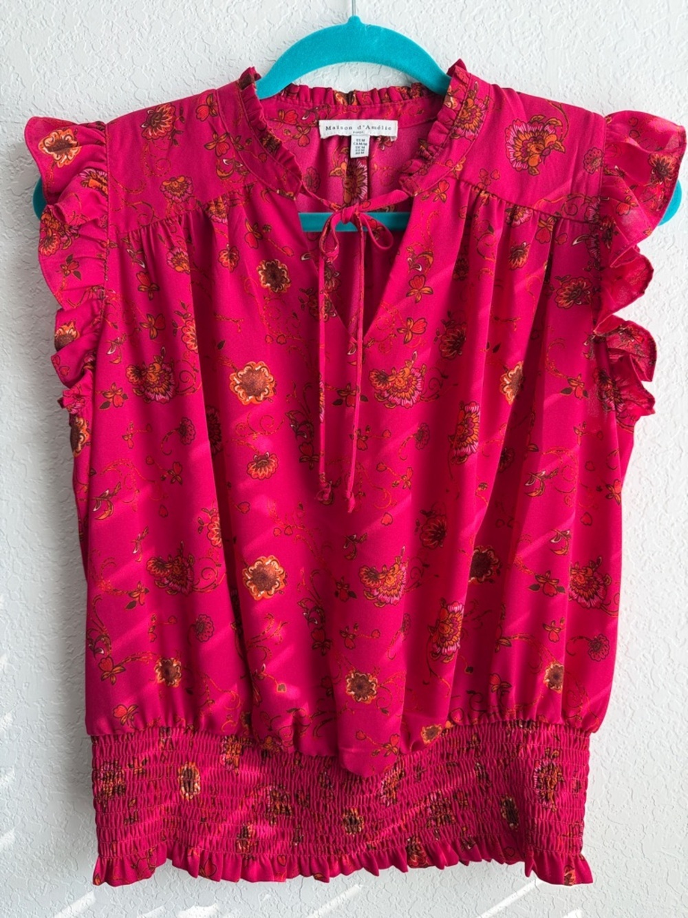 Maison D'Amelie Fuchsia Floral Tie-Neck Blouse
